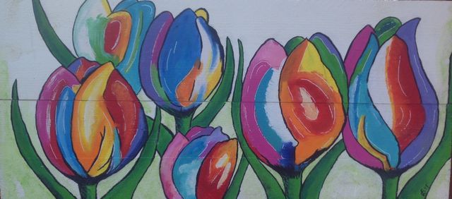 VERKOCHT! 
Tulpen op wit steigerhout. Afmeting 83x39 cm
VAN €55,- VOOR €39,-