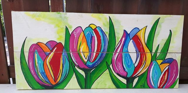 NIET BESCHIKBAAR!
Tulpen op wit steigerhout. Afmeting 83x39 cm